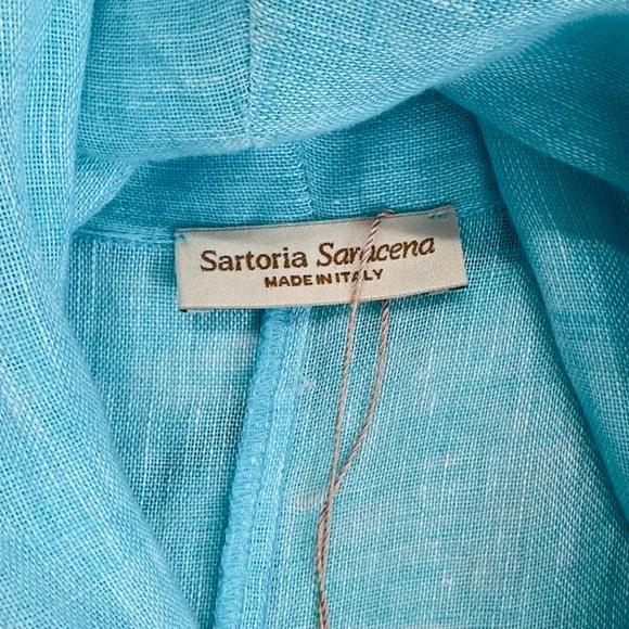 SARTORIA SARACENA ~ Chic Turquoise Wrap Around Sleeveless High Low Linen Dress - Picture 6 of 11